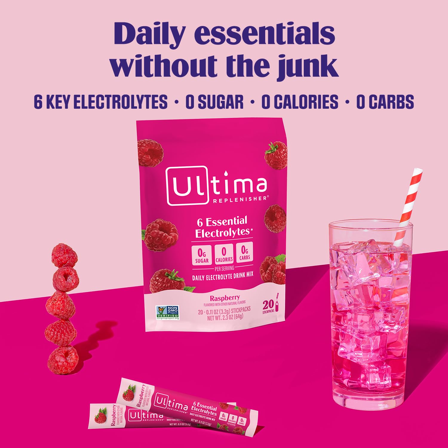 Ultima Replenisher single stickpack beside a water bottle for convenience