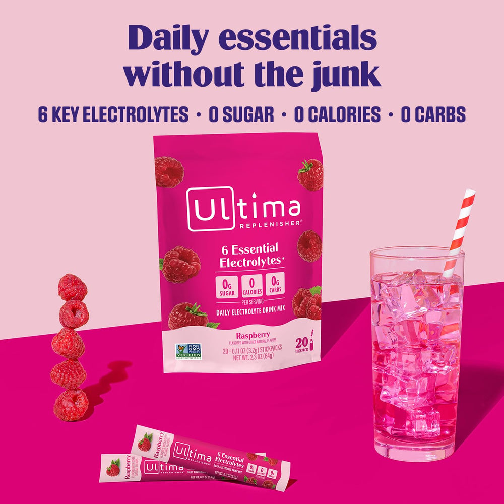 Ultima Replenisher single stickpack beside a water bottle for convenience