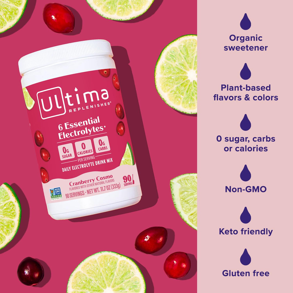 Reusable bottle with Ultima Replenisher drink demonstrating portable hydration for workouts