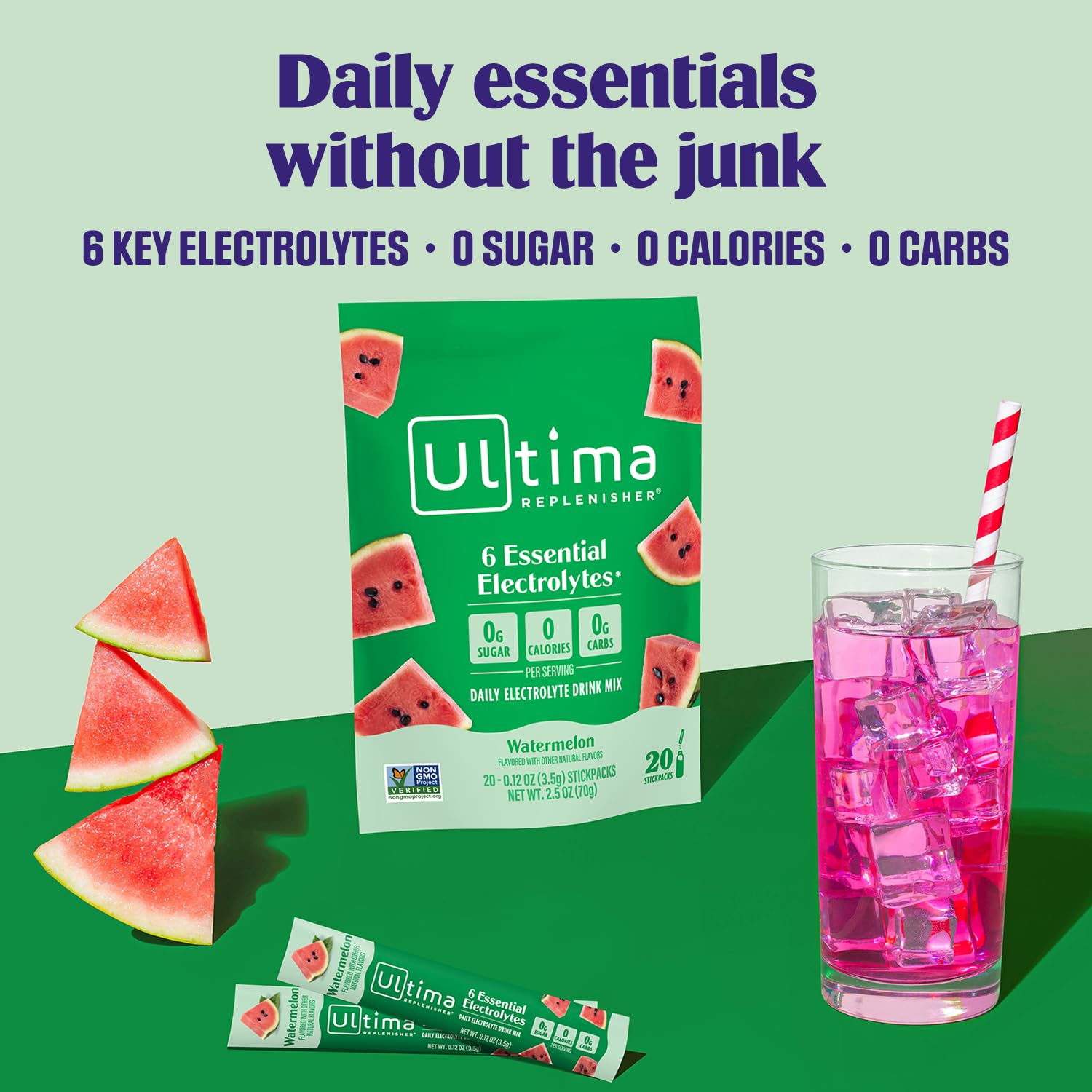 Ultima Replenisher stickpack close-up highlighting single-serve convenience