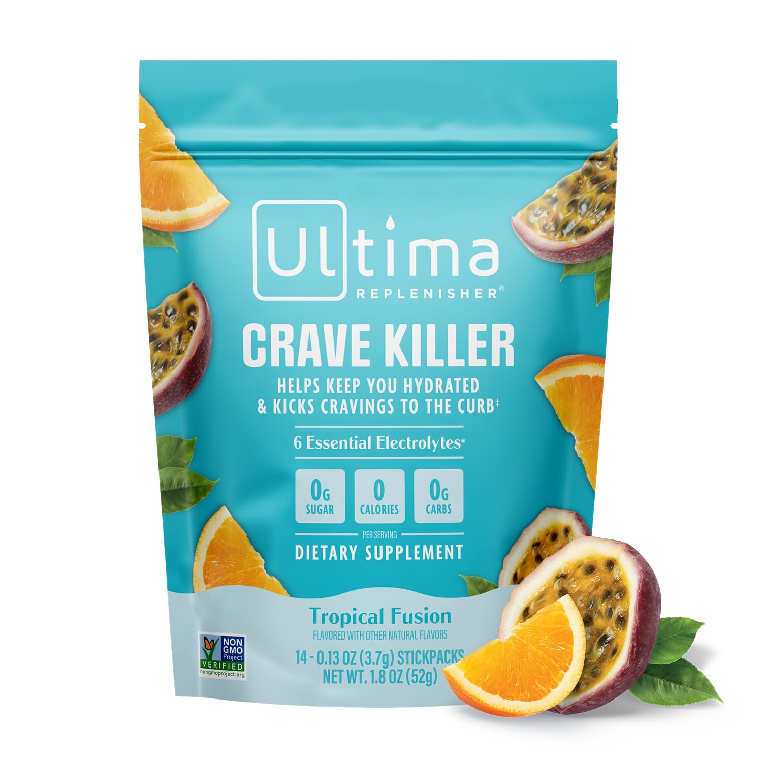 Ultima Replenisher front packaging showing Tropical Fusion benefits and portability