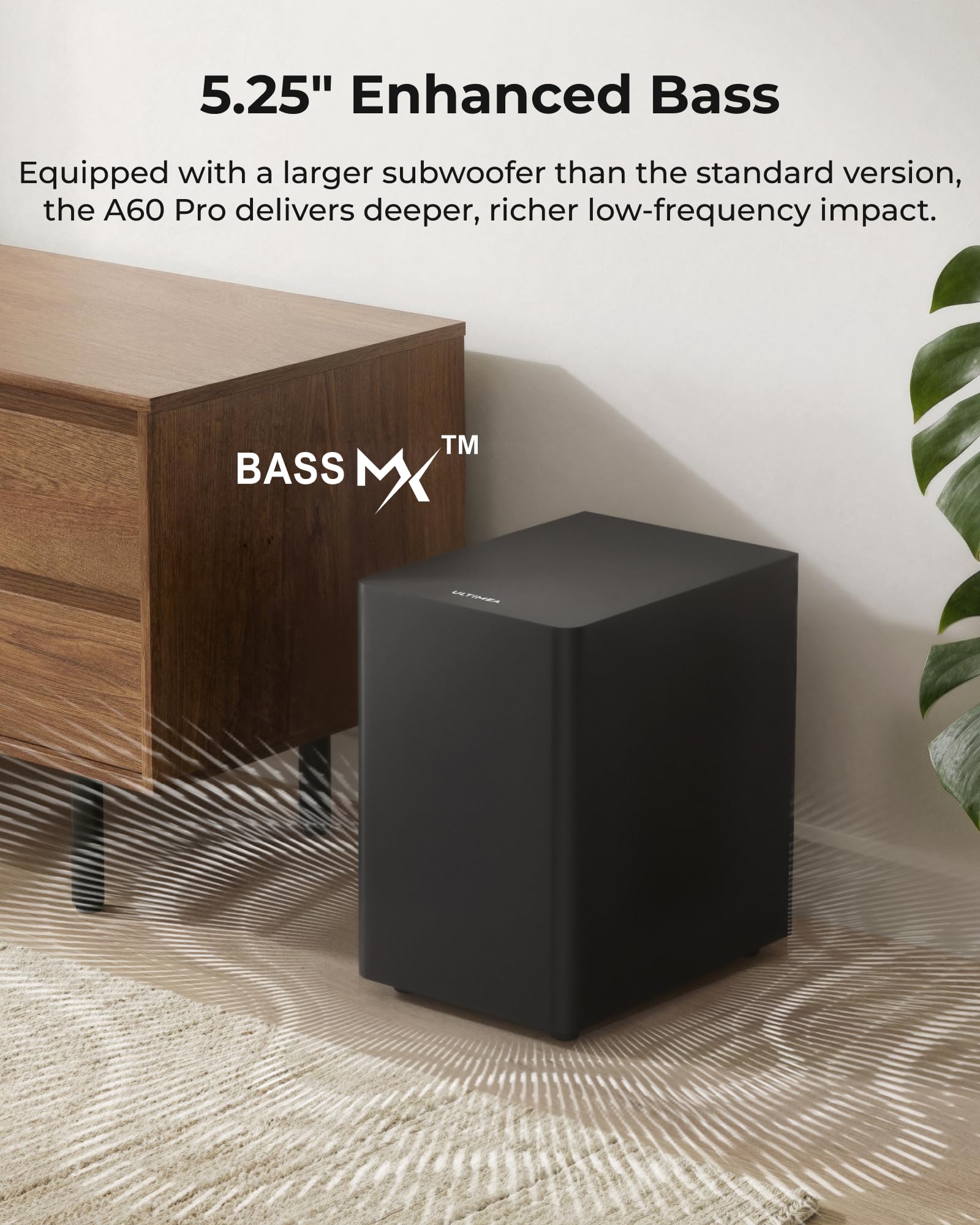 ULTIMEA rear speaker pairing view showing wireless convenience and tidy setup