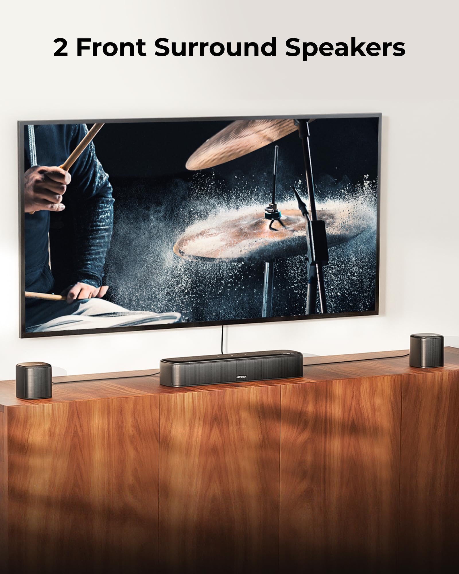 ULTIMEA system side profile under TV illustrating compact home placement