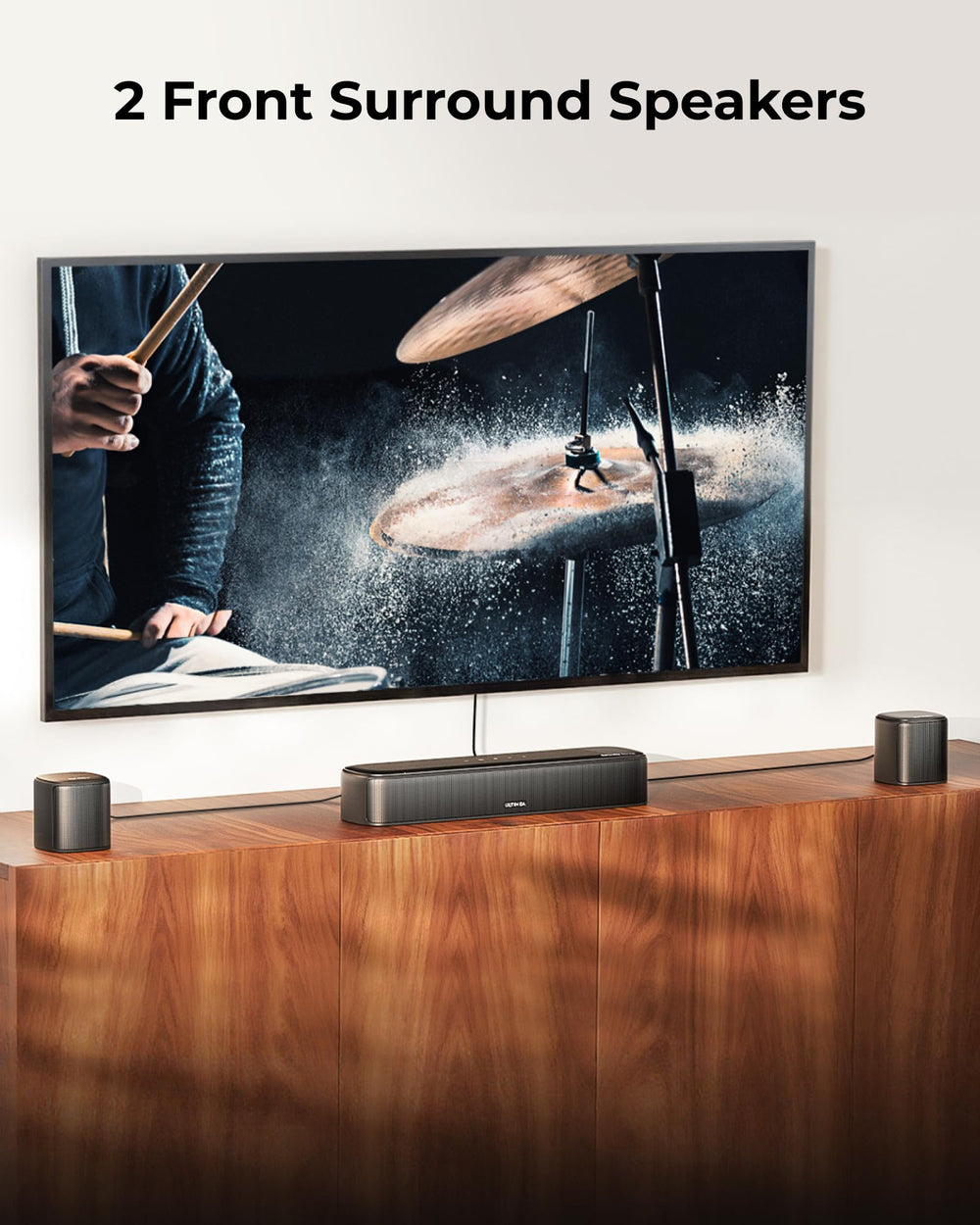 ULTIMEA system side profile under TV illustrating compact home placement