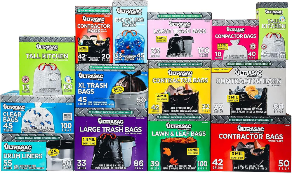 Ultrasac bag beside a trash can showing 38x45 inch capacity benefit