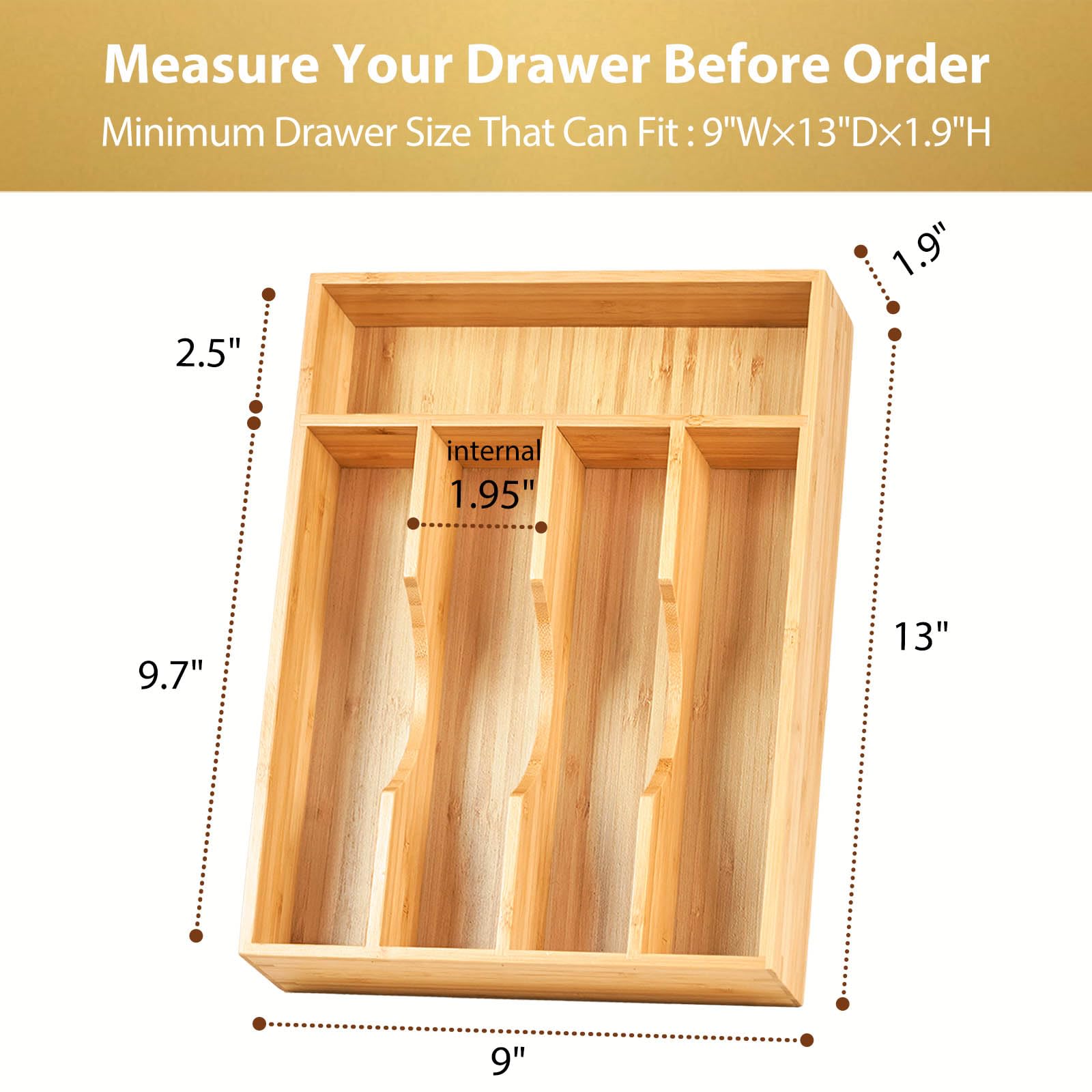 Umilife bamboo next to ruler in drawer showing fit for small drawers benefit