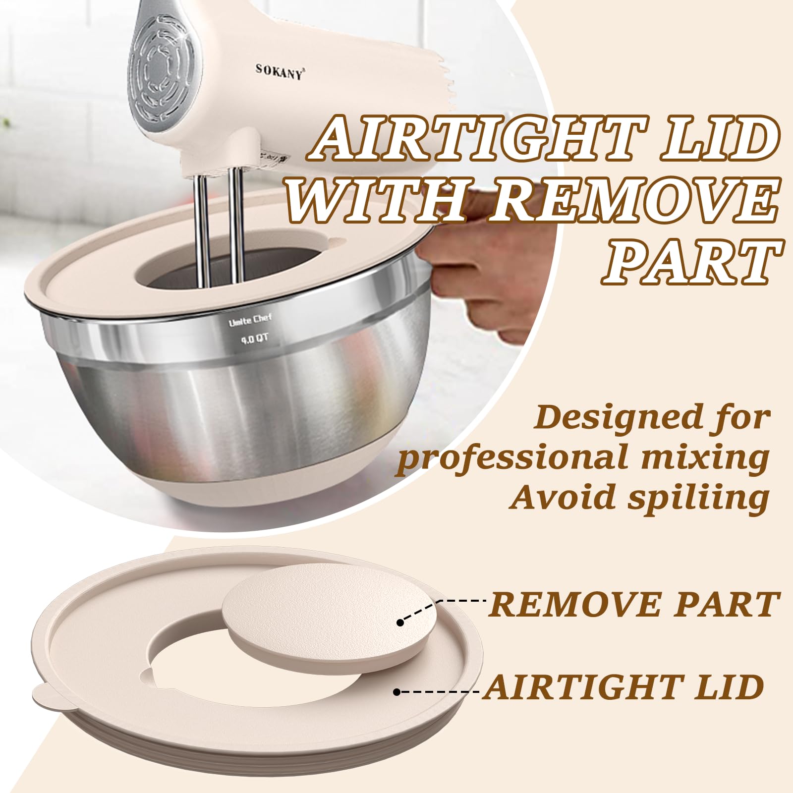 Umite Chef 4QT bowl with inner removable lid, allows adding ingredients while blending