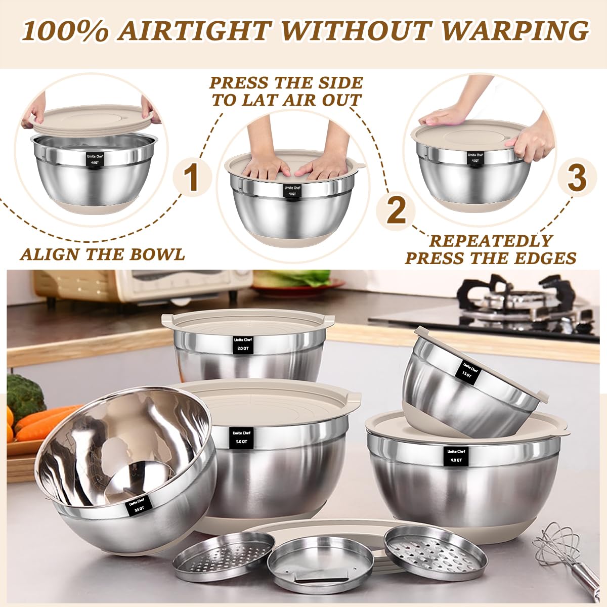 Umite Chef bowls in use tossing salad, makes meal prep quicker and neater