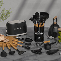 Umite Chef wooden-style handles close-up showing comfortable grip and durable look