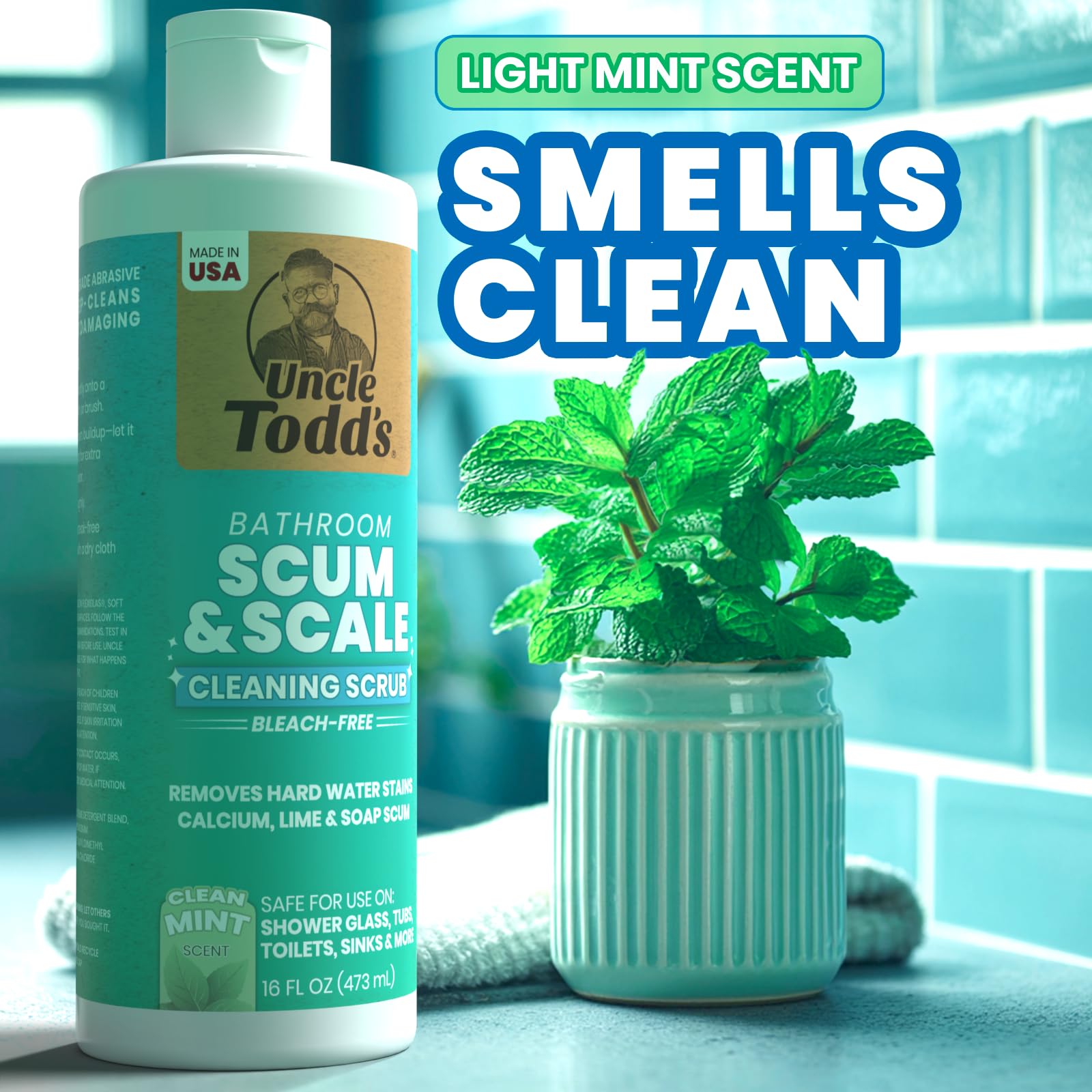 Uncle Todd's mint paste in bathroom lifestyle scene showing fresh scent benefit