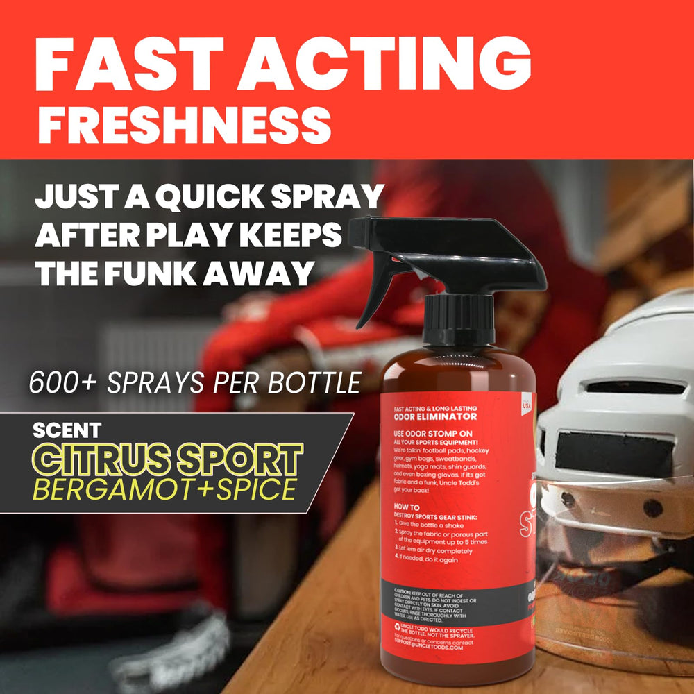 Uncle Todd's spraying on hockey pad to neutralize odor and refresh gear