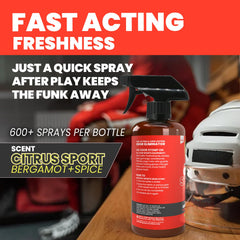 Uncle Todd's spraying on hockey pad to neutralize odor and refresh gear