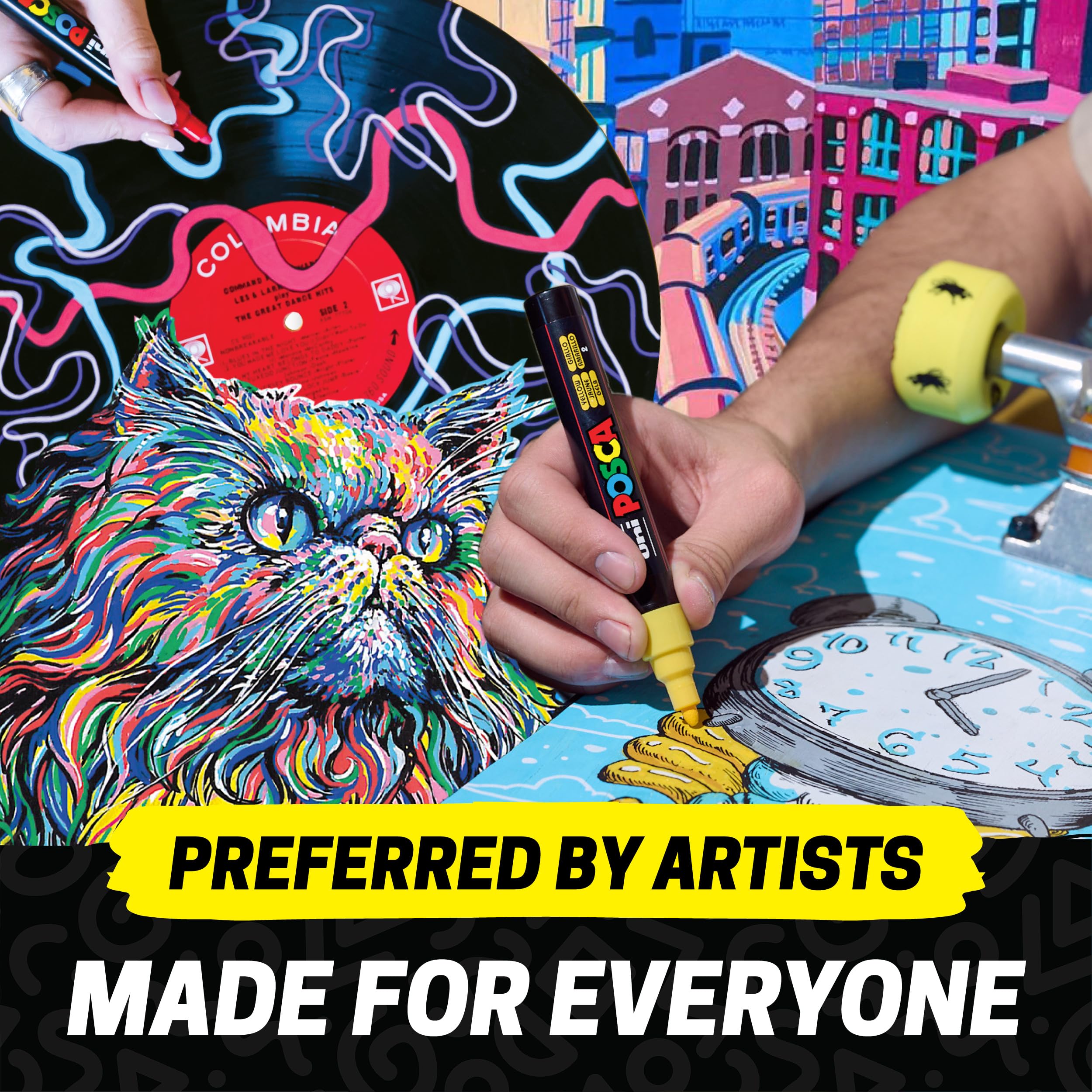 uni POSCA held in hand next to coin showing compact size and travel convenience