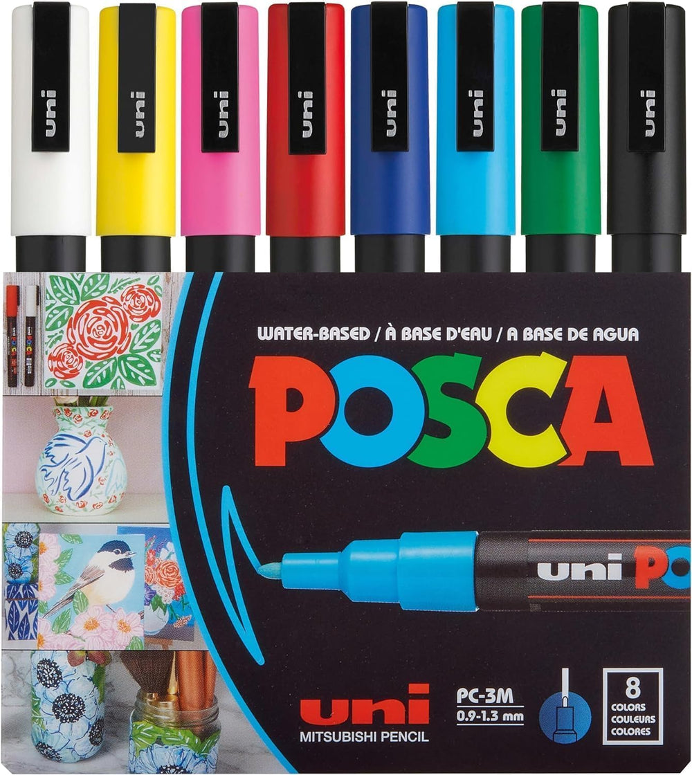 uni POSCA front packaging showing 8 assorted colors and compact box, ideal gift