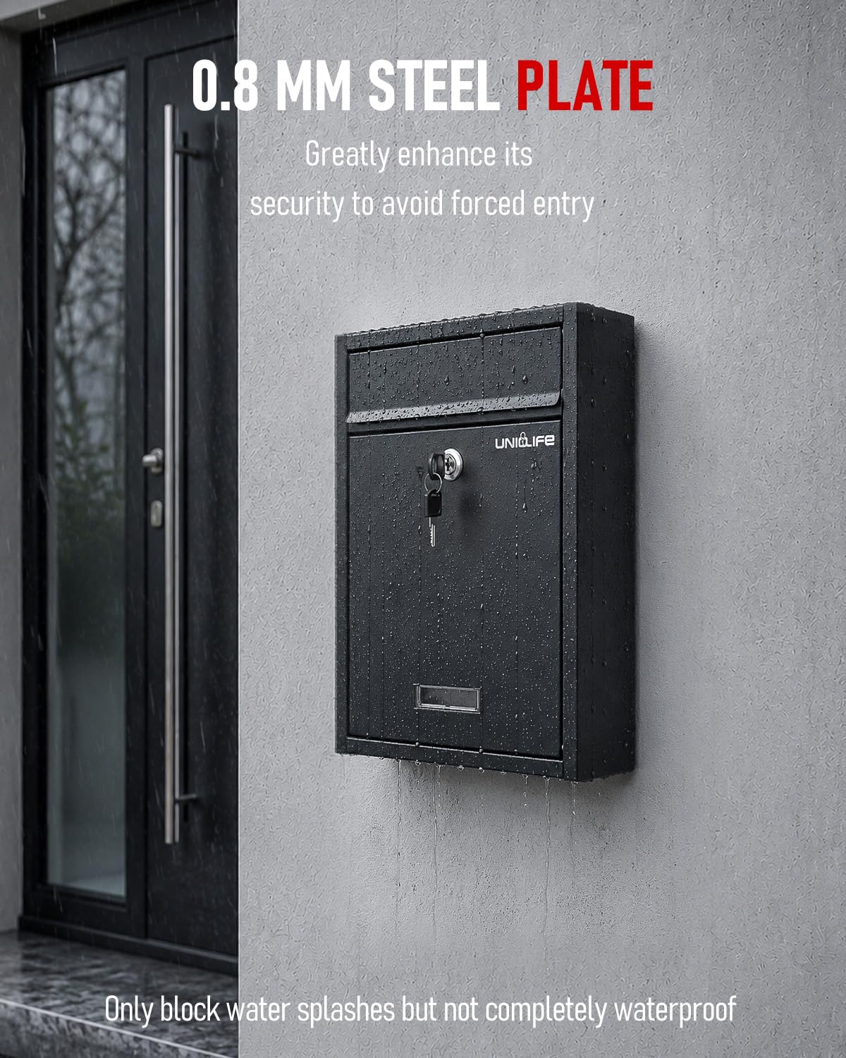 Uniclife mailbox mounted on exterior wall, showing convenient in-use placement
