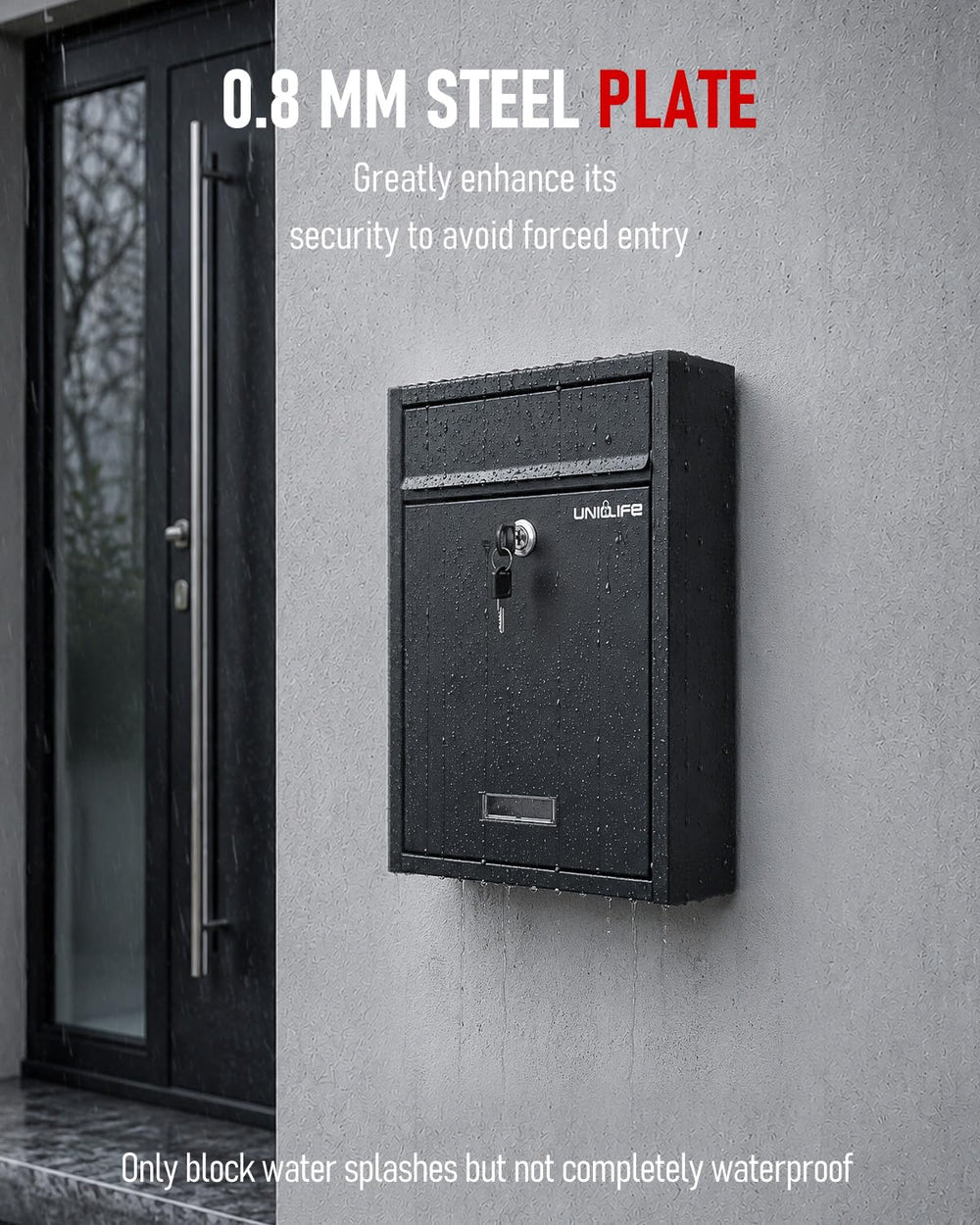 Uniclife mailbox mounted on exterior wall, showing convenient in-use placement