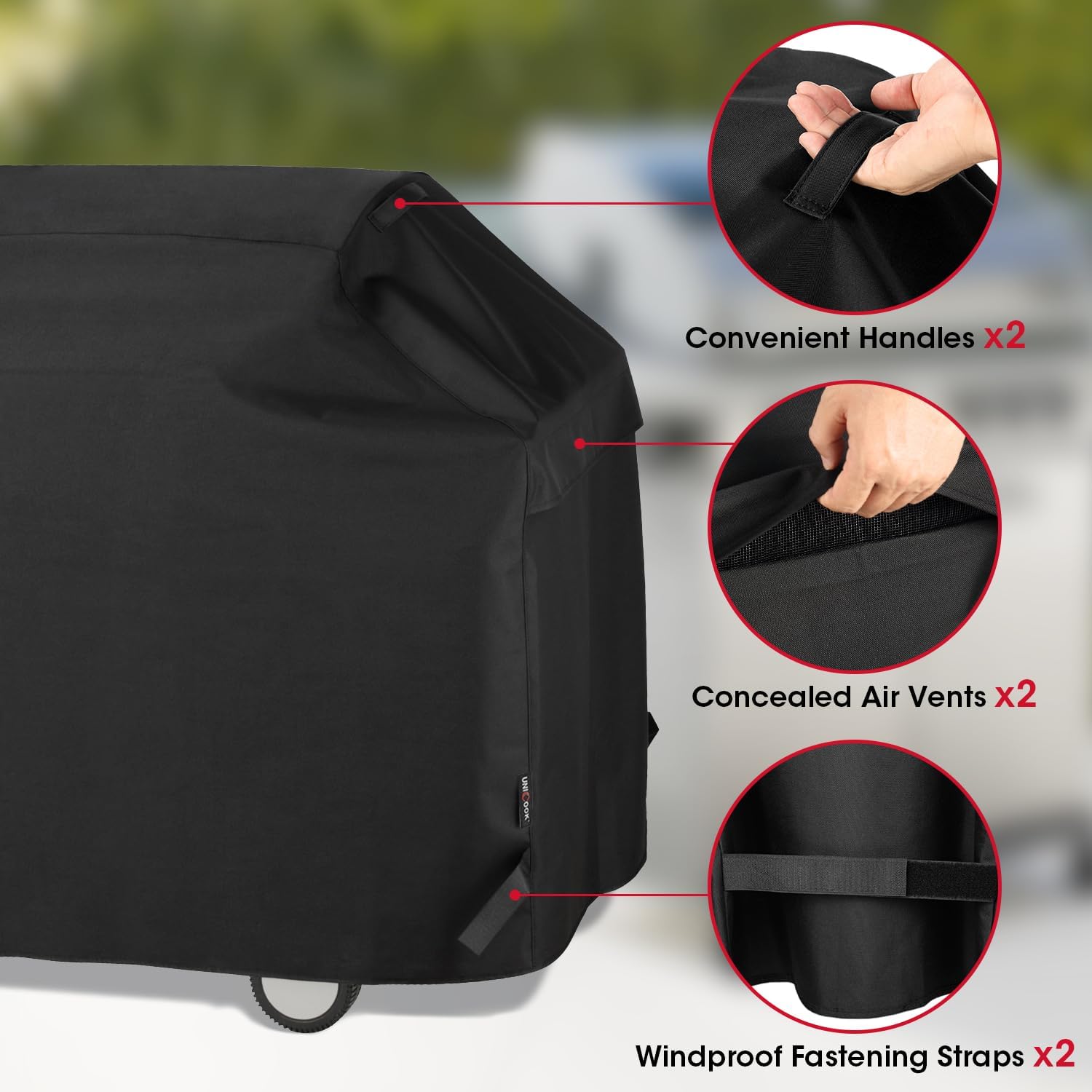 Unicook heavy-duty fastening strap and buckle securing cover against wind