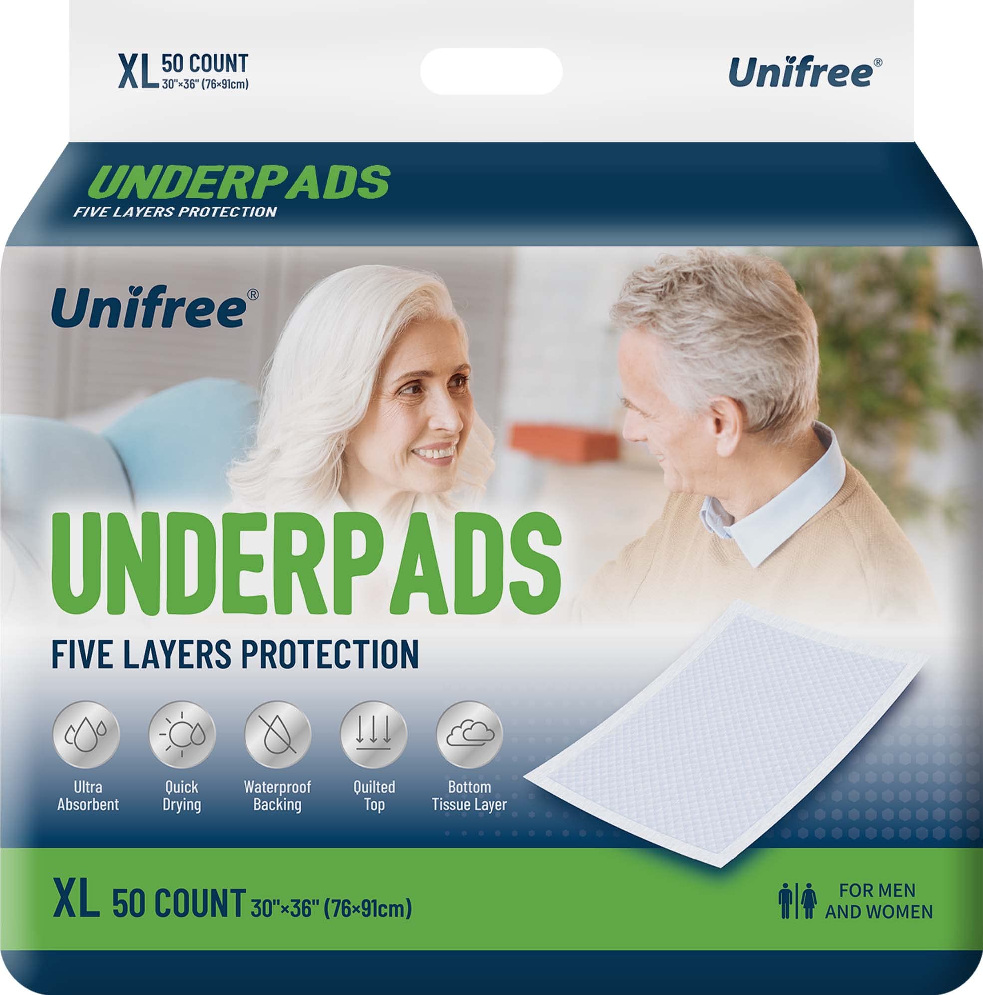 UNIFREE front packaging showing XL 50-count box and benefit of bulk protection