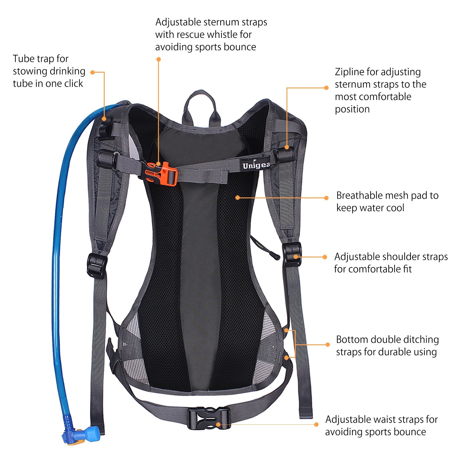 Unigear adjustable shoulder and chest straps providing secure anti-bounce fit