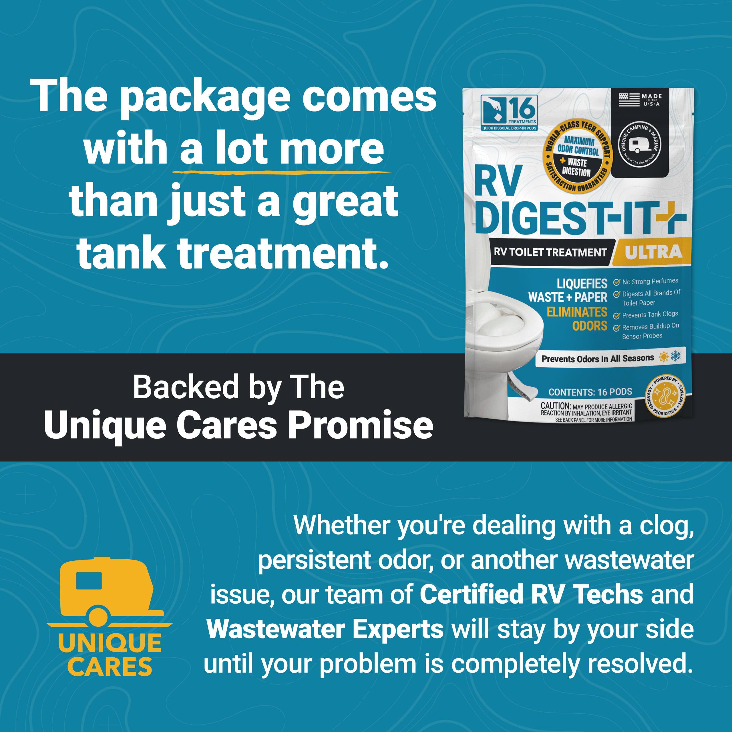 Unique RV Digest-It Ultra in RV campsite setting showing odor control advantage