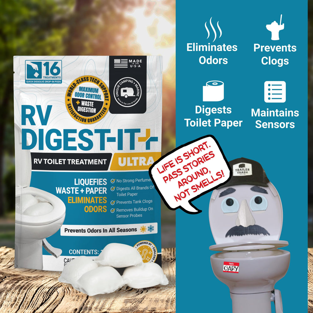 Unique RV Digest-It Ultra pod dissolving in toilet to show fast activation