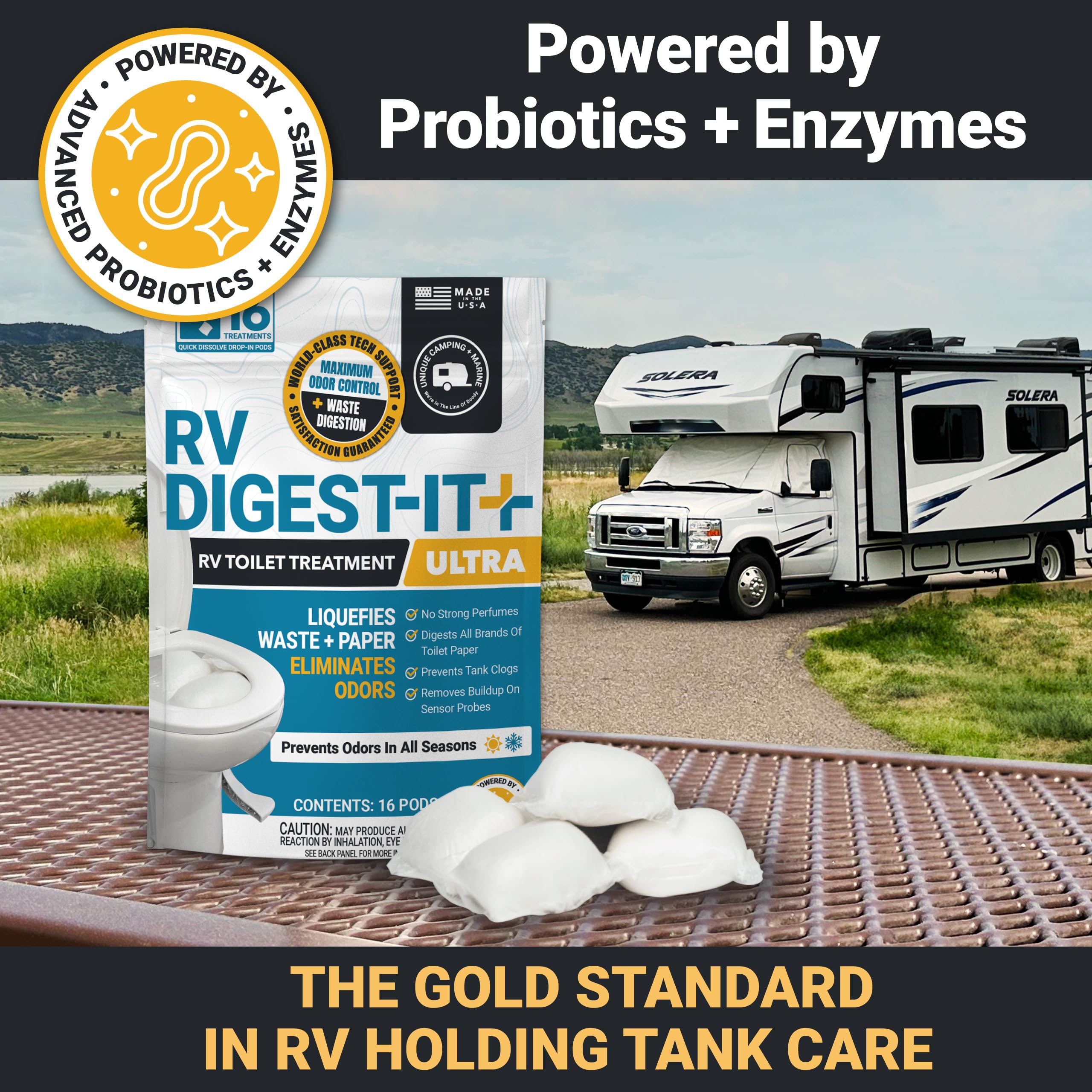 Unique RV Digest-It Ultra pod beside RV toilet illustrating simple use