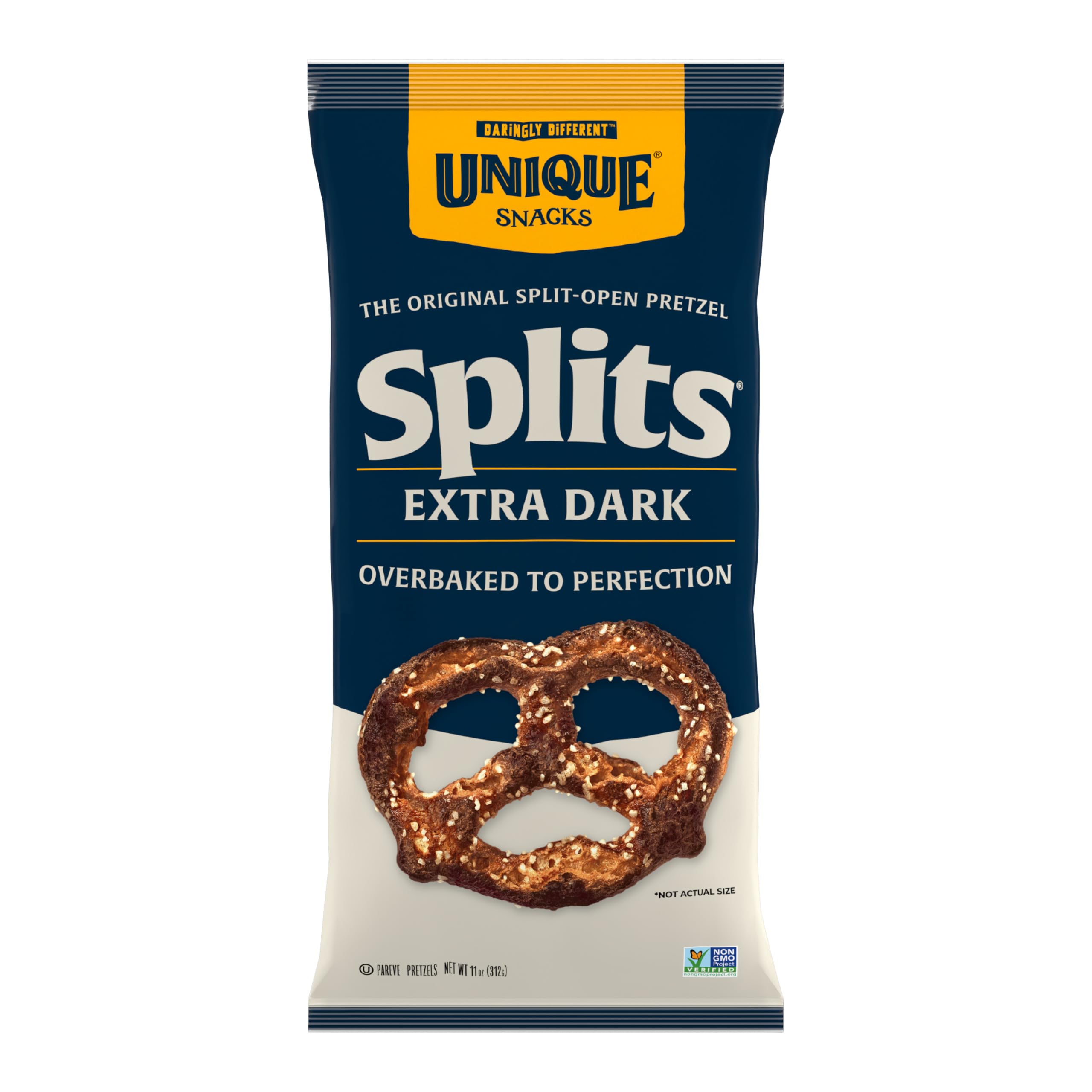 Unique Snacks extra dark splits front packaging showing bold pretzel appearance and convenience