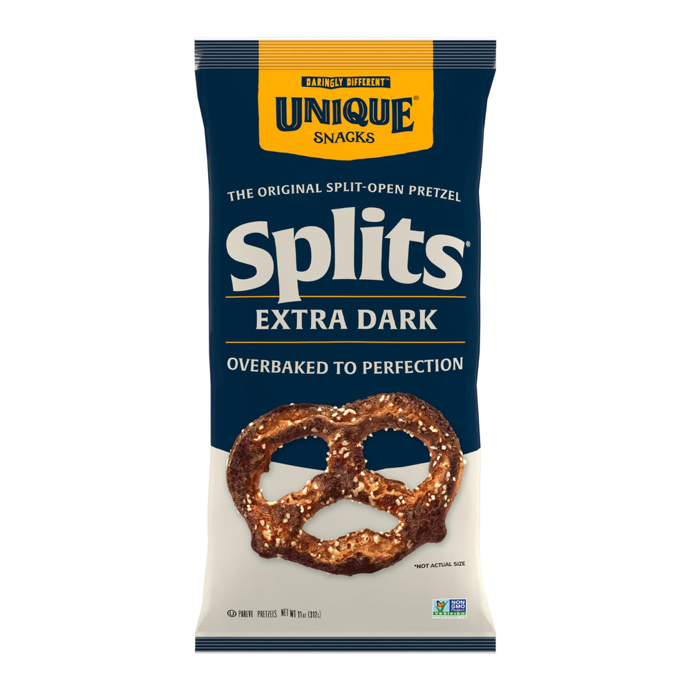 Unique Snacks extra dark splits front packaging showing bold pretzel appearance and convenience