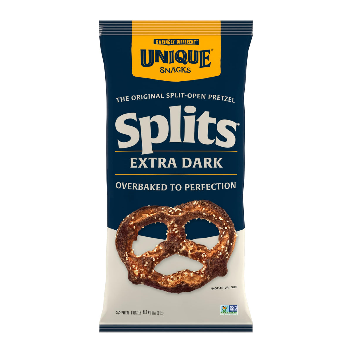 Unique Snacks extra dark splits front packaging showing bold pretzel appearance and convenience
