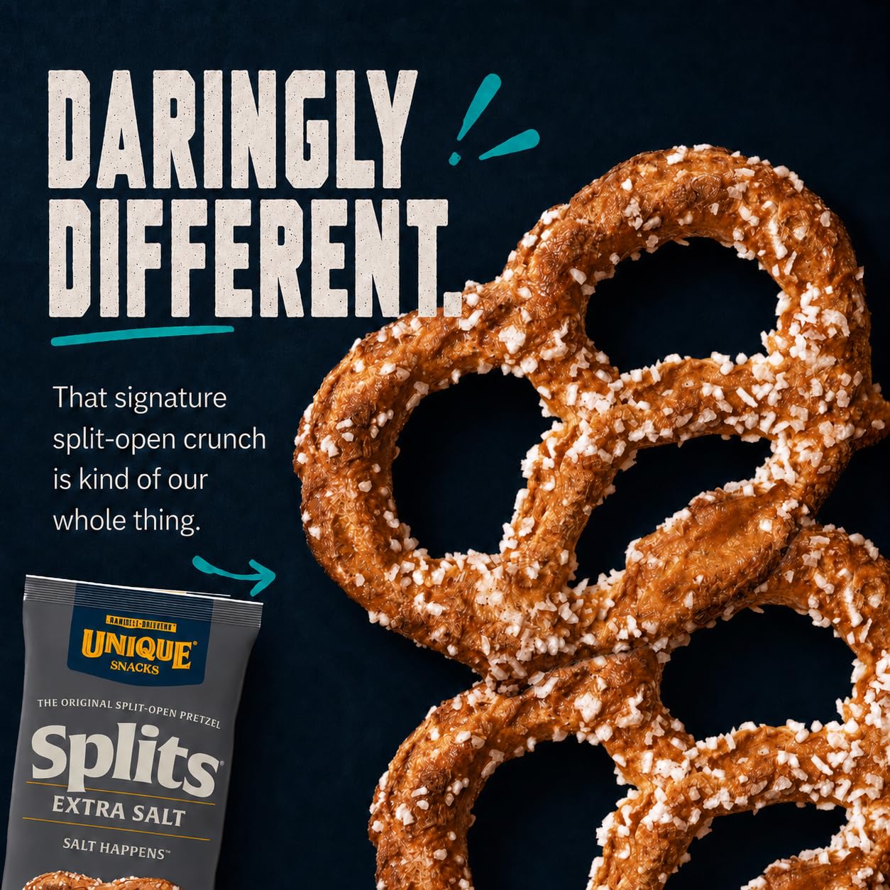Unique Snacks close-up of split pretzel texture highlighting crunchy pockets and salty finish