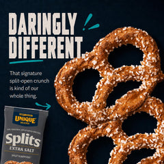 Unique Snacks close-up of split pretzel texture highlighting crunchy pockets and salty finish