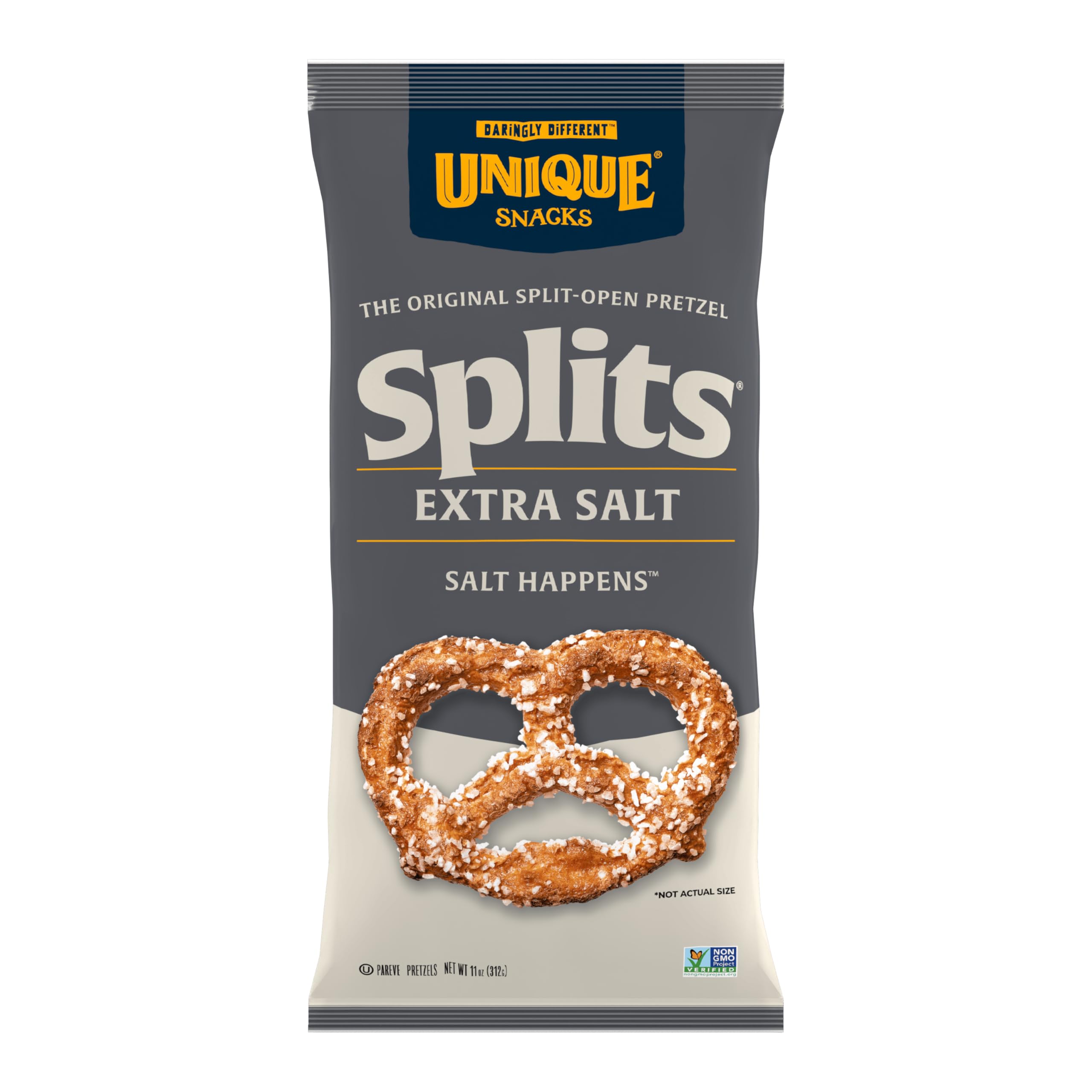 Unique Snacks front packaging showing pack of 3 pretzels and Kosher logo for clear purchase benefit