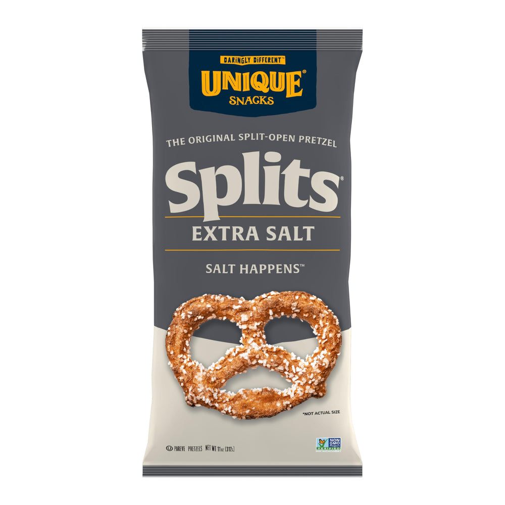 Unique Snacks front packaging showing pack of 3 pretzels and Kosher logo for clear purchase benefit