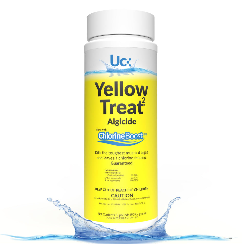 United Chemical Yellow Treat being poured into pool demonstrating quick algae control benefit