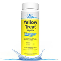 United Chemical Yellow Treat being poured into pool demonstrating quick algae control benefit