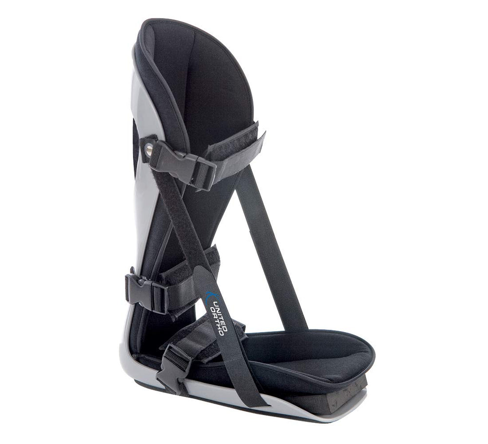 United Ortho front view of night splint showing straps and non-skid tread, improved stability