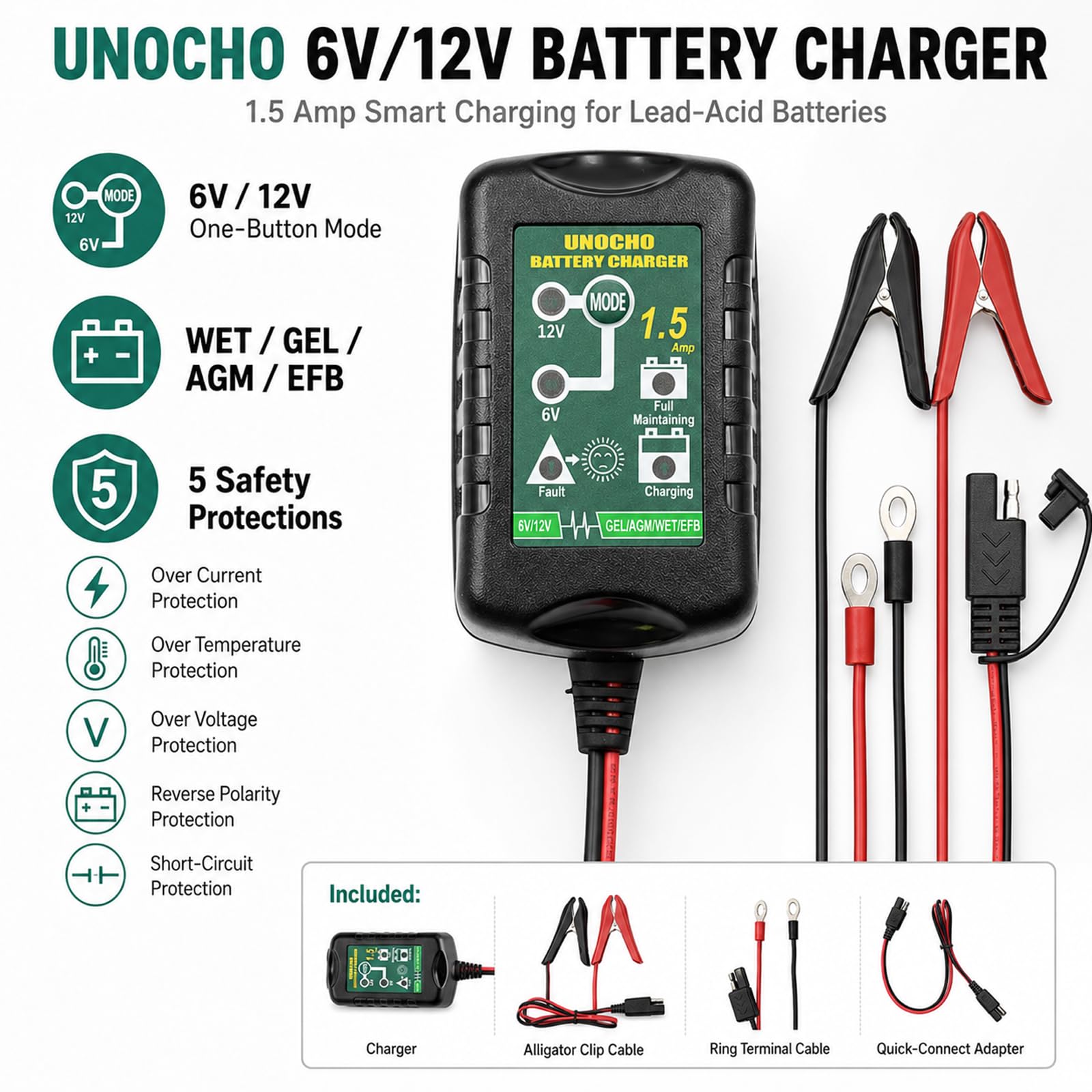 Unocho detachable alligator clips and ring terminals for flexible battery connections