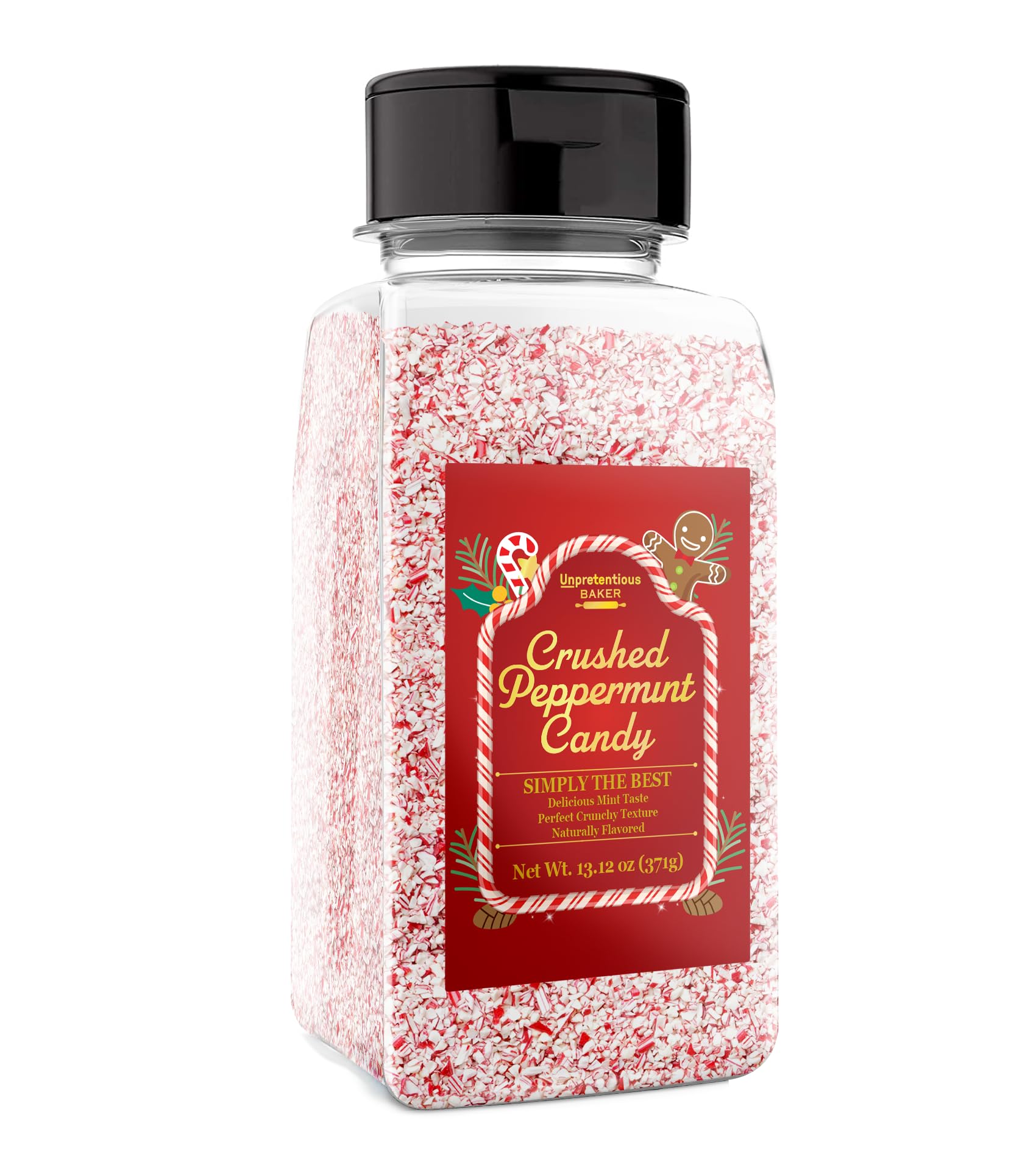 Unpretentious front packaging showing crushed peppermint and clear label, convenient ready-to-use
