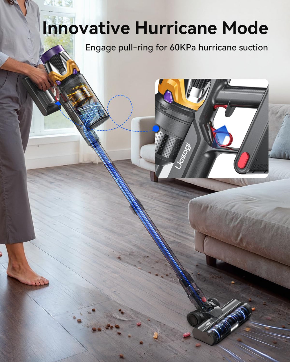 Uosogi LED‑lit floor head cleaning under sofa revealing hidden dust benefit