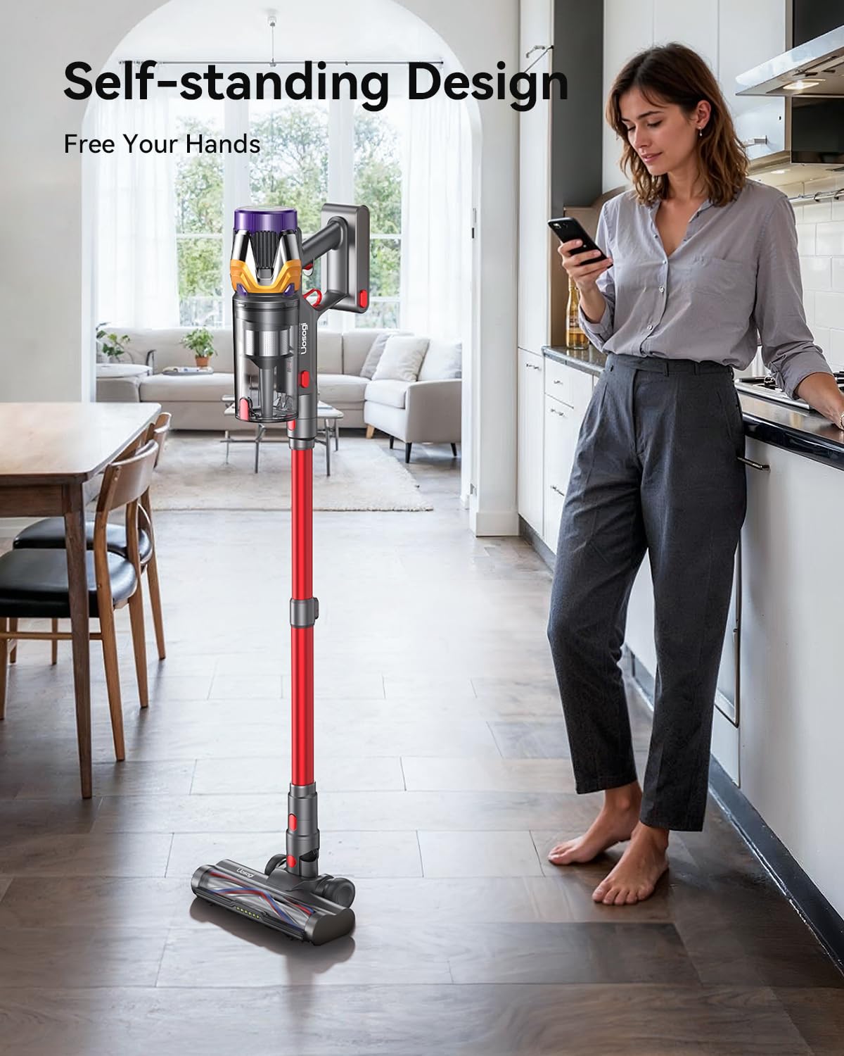 Uosogi freestanding vacuum showing adjustable tube for comfortable ergonomics benefit