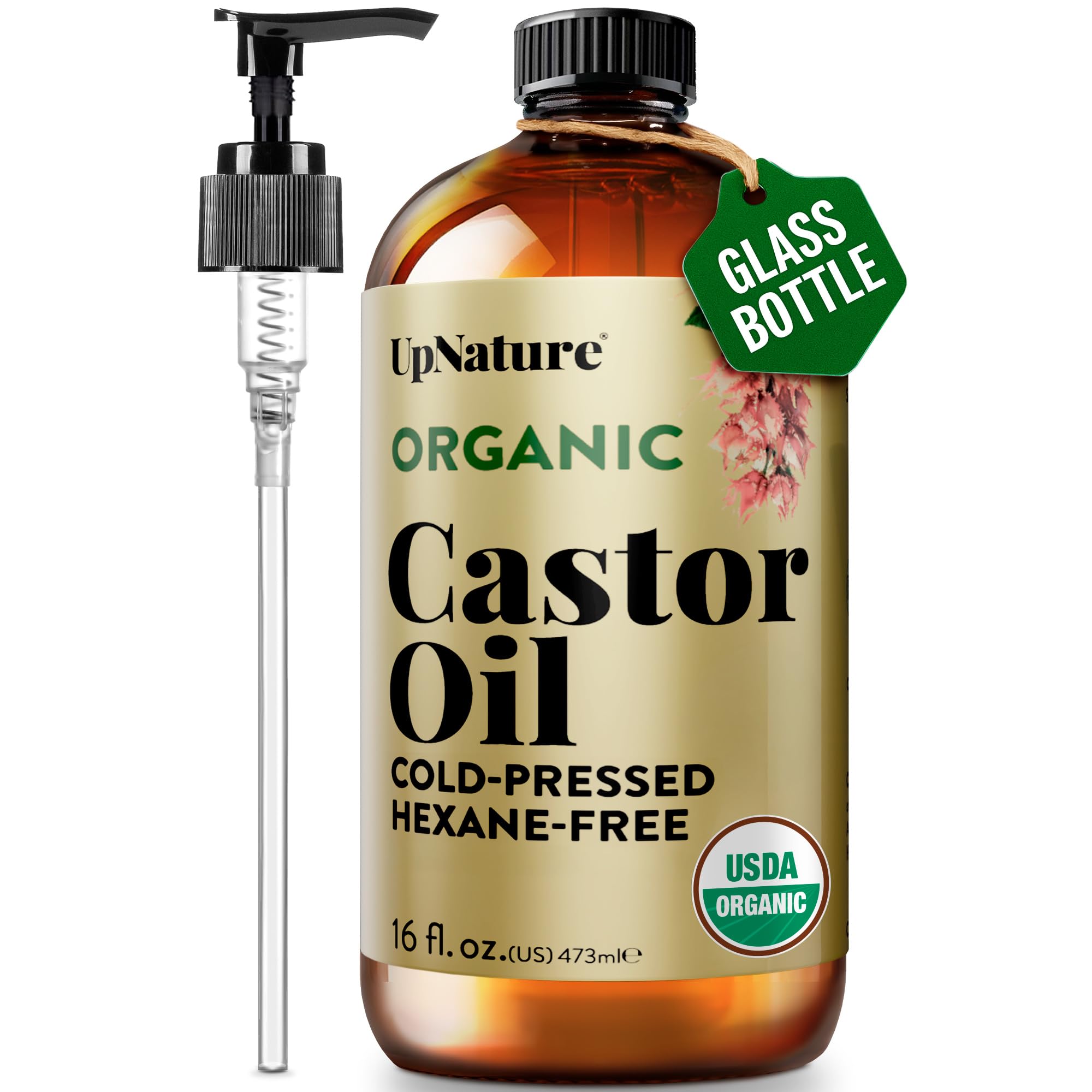 UpNature glass bottle front view showing label and organic castor oil benefits
