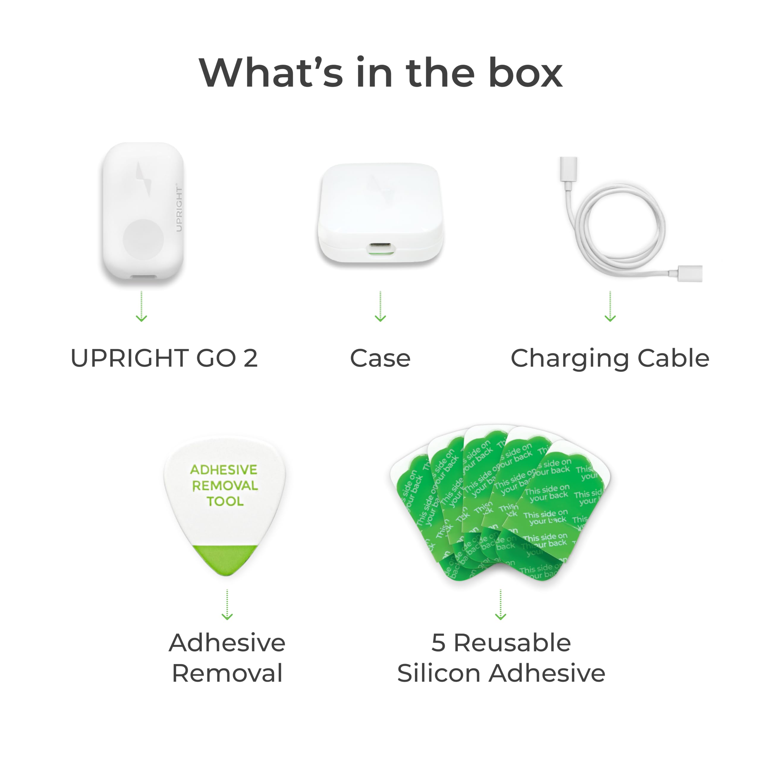 Upright GO adhesive and optional necklace accessory for flexible placement