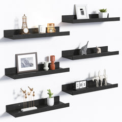upsimples front view of six black floating shelves showing minimalist benefit
