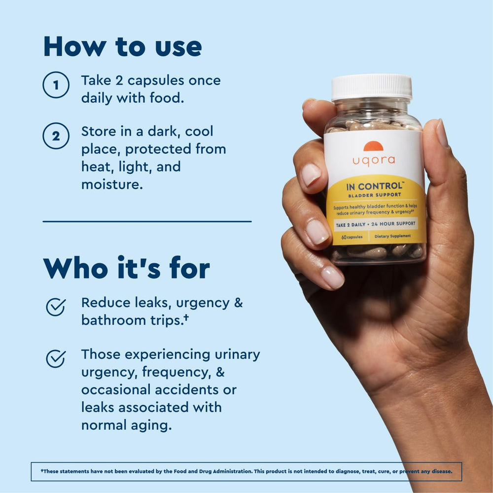 Uqora capsule in hand illustrating size and simple daily dosing benefit