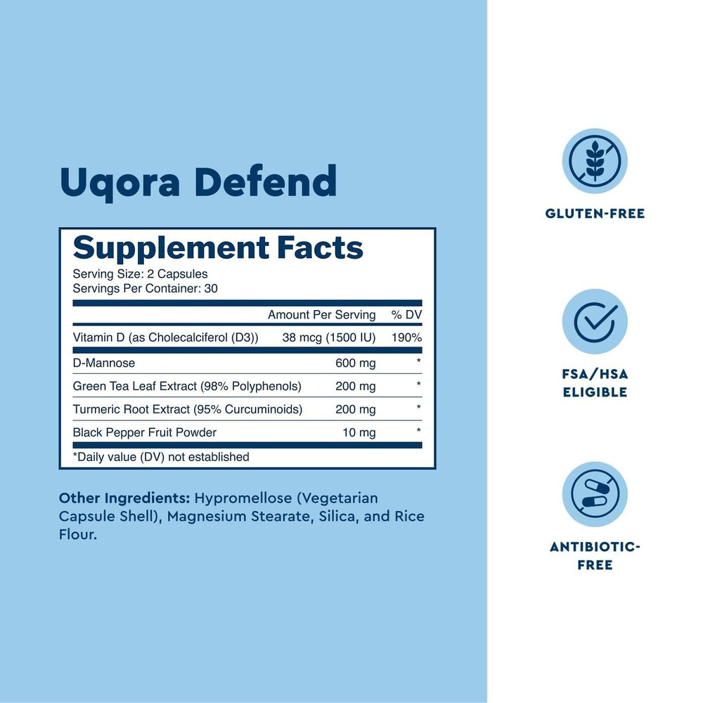Open Uqora Defend bottle with capsules visible showing easy dosing