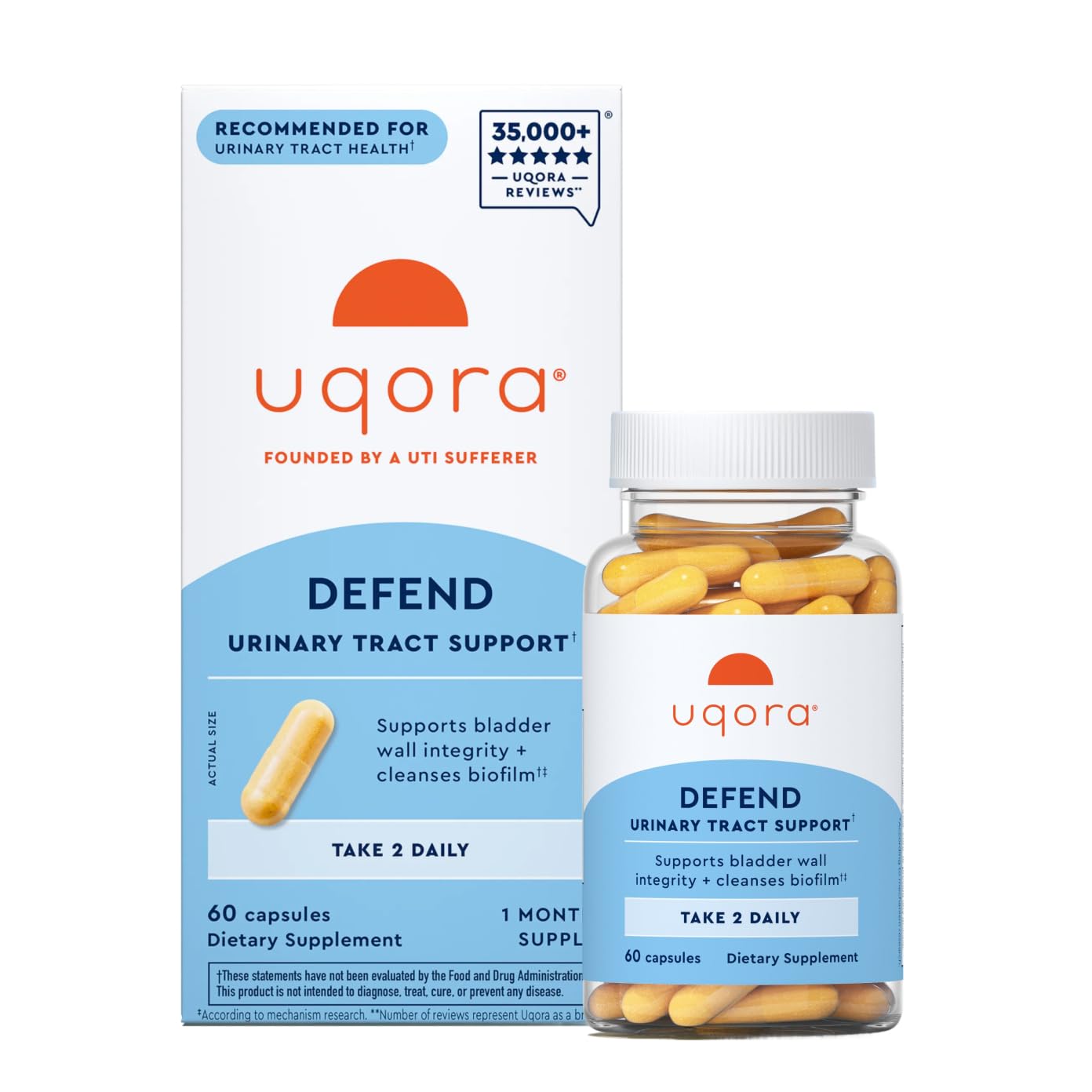 Uqora bottle front label showing product name and 60 capsules benefit