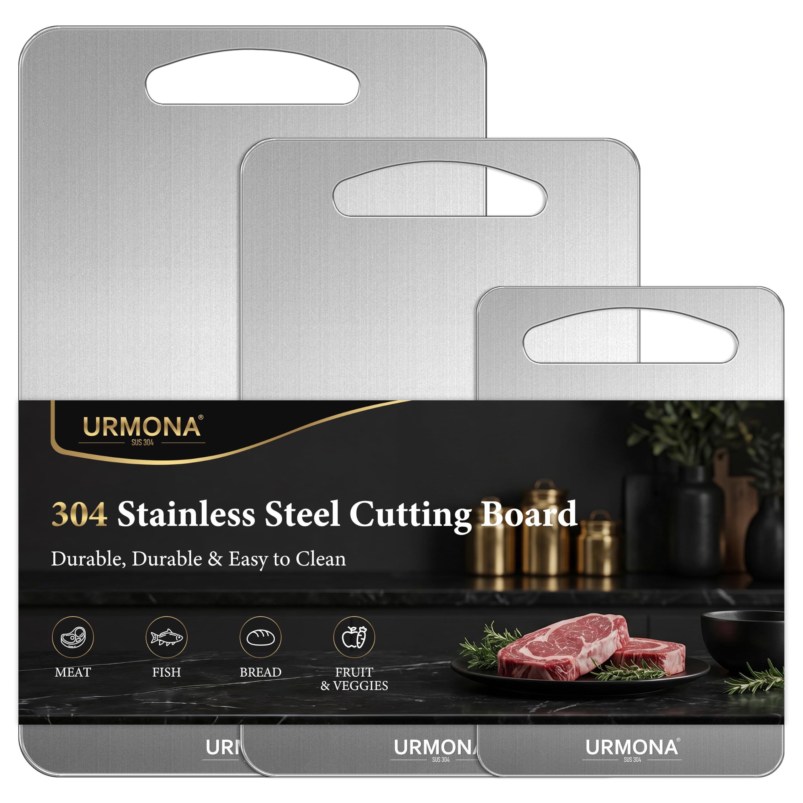 URMONA front view of three stainless steel boards showing sizes and clean finish, hygienic prep