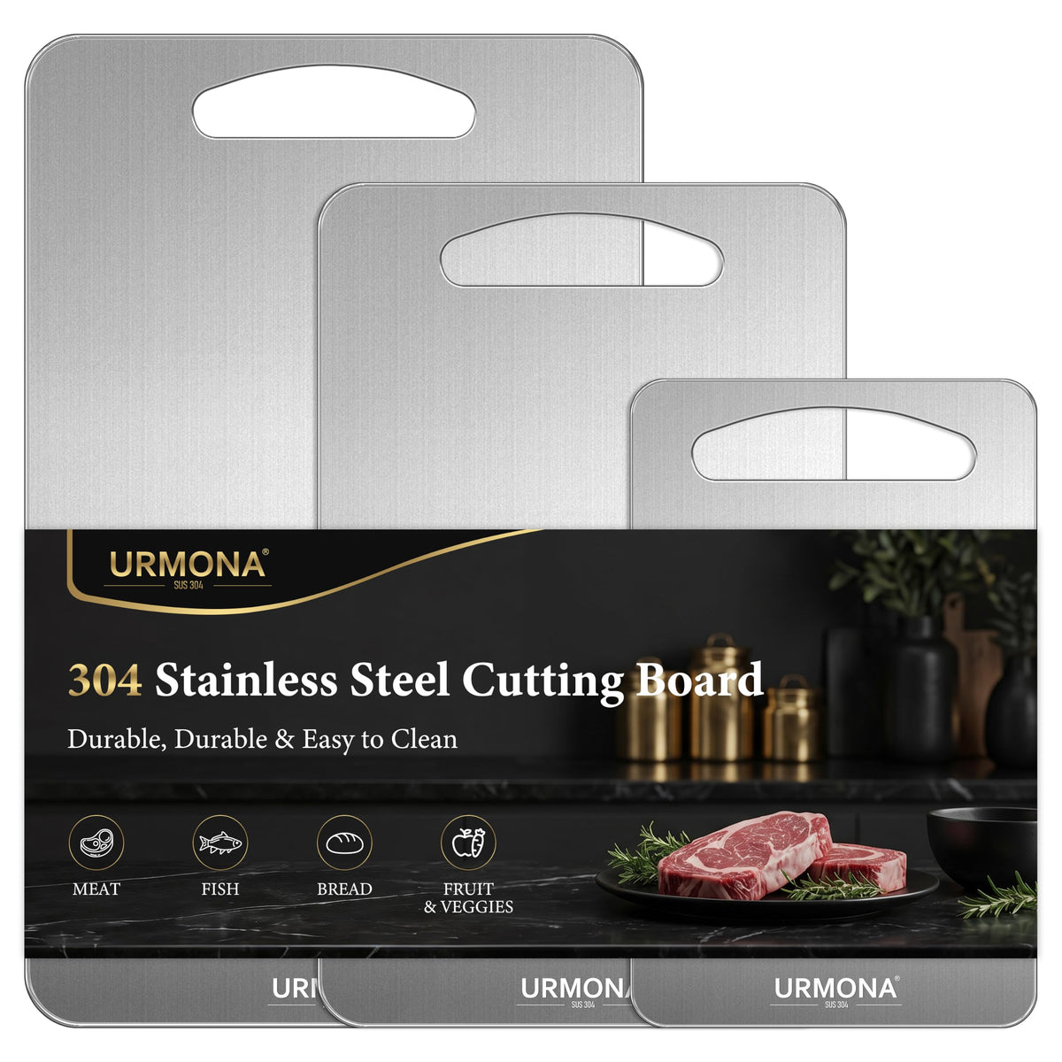 URMONA front view of three stainless steel boards showing sizes and clean finish, hygienic prep
