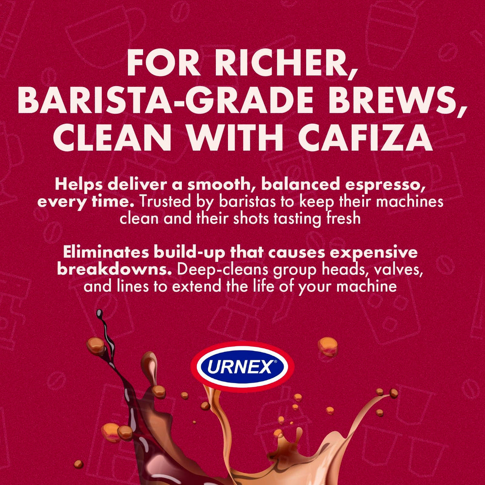 Urnex Cafiza on a cafe counter illustrating professional maintenance