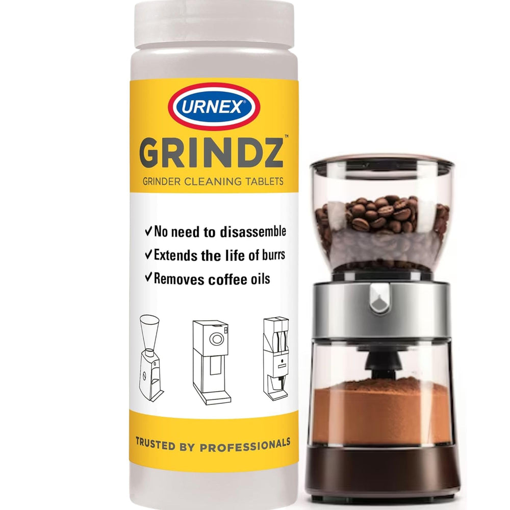 Urnex Grindz front package showing product and benefit of easy maintenance